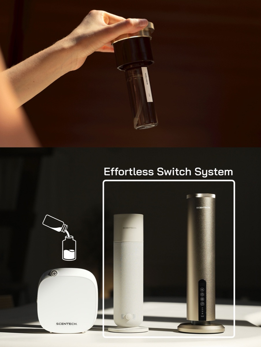 A hand holding a Scentech ScentPod bottle, above a diagram contrasting a diffuser that has to be filled by pouring with two models that take a click-in pod